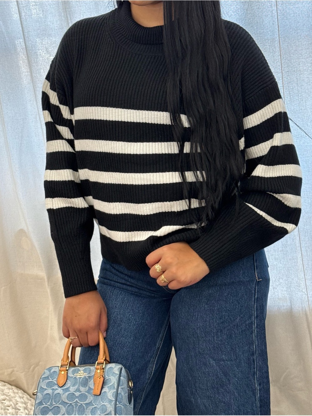 a new day Black & White Striped Ribbed Crewneck Sweater